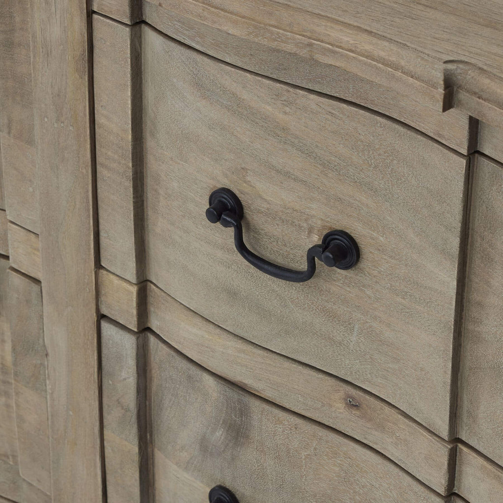 French Provincial chest with black iron handles, washed wood finish, and six spacious drawers for bedroom storage. by Sostter at brixbailey.com