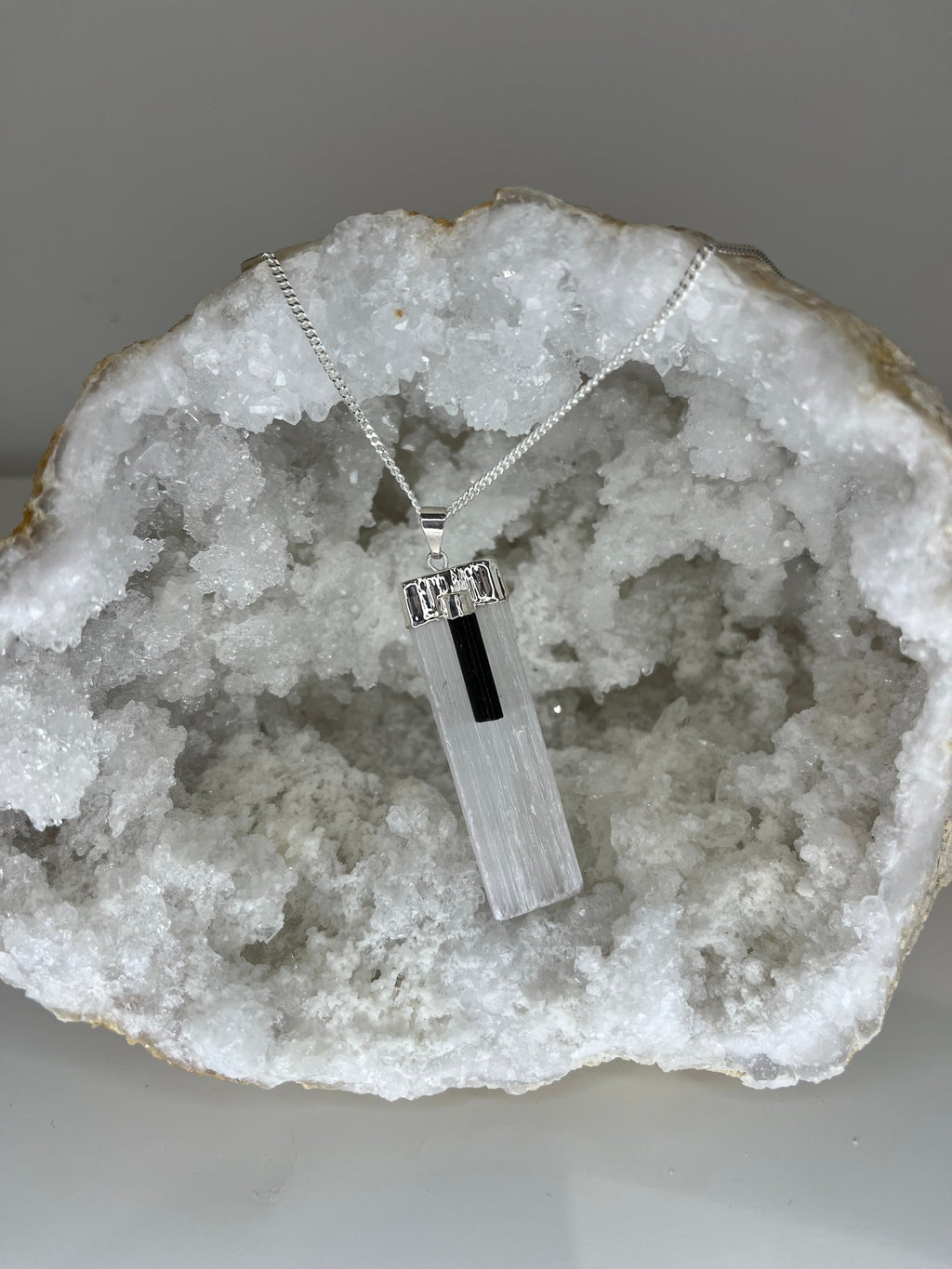 Selenite and Tourmaline Protection Wand Necklace 20 inch Silver Plated