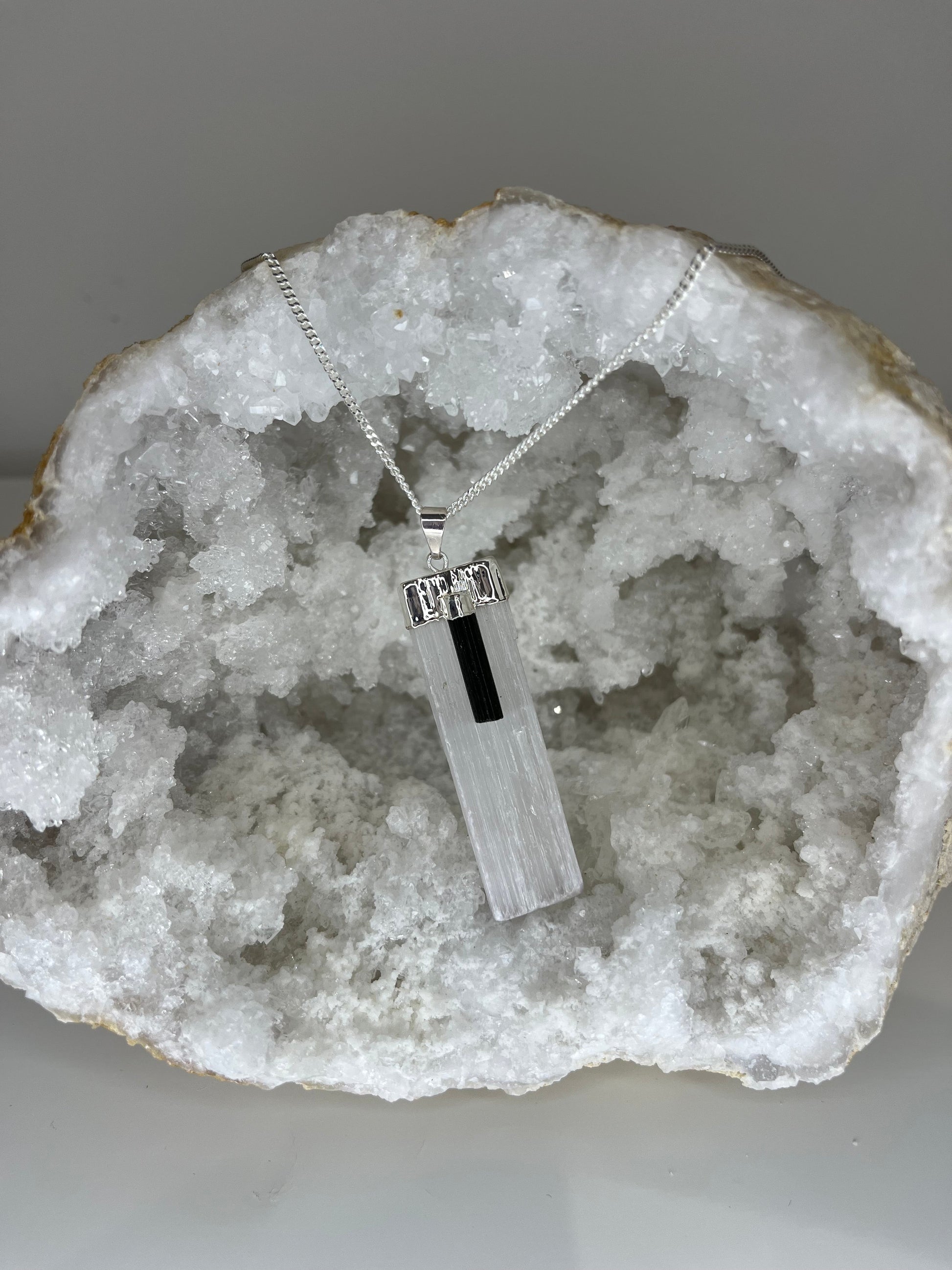 Selenite and Tourmaline Protection Wand Necklace 20 inch Silver Plated