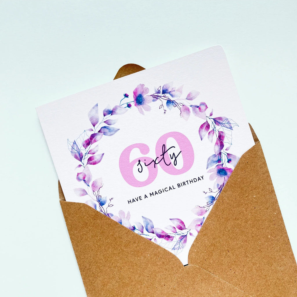 60th Birthday Card for Her with Watercolour Wreath