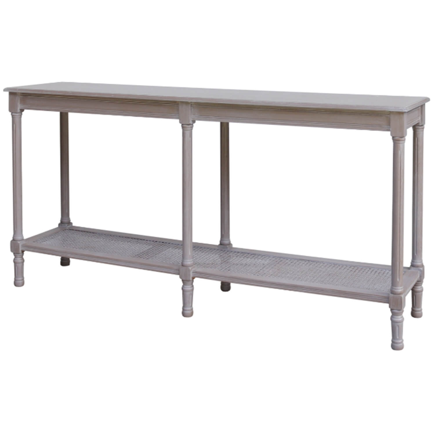 Grey rattan console table with handwoven detail, tapered legs, and 160cm surface for modern home decor by Sostter at brixbailey.com