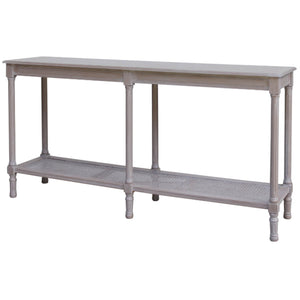 Grey rattan console table with handwoven detail, tapered legs, and 160cm surface for modern home decor by sostter at brixbailey.com