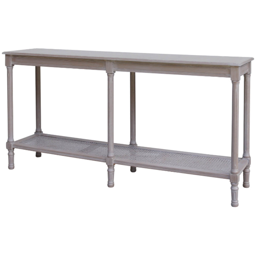 Grey rattan console table with handwoven detail, tapered legs, and 160cm surface for modern home decor by Sostter at brixbailey.com