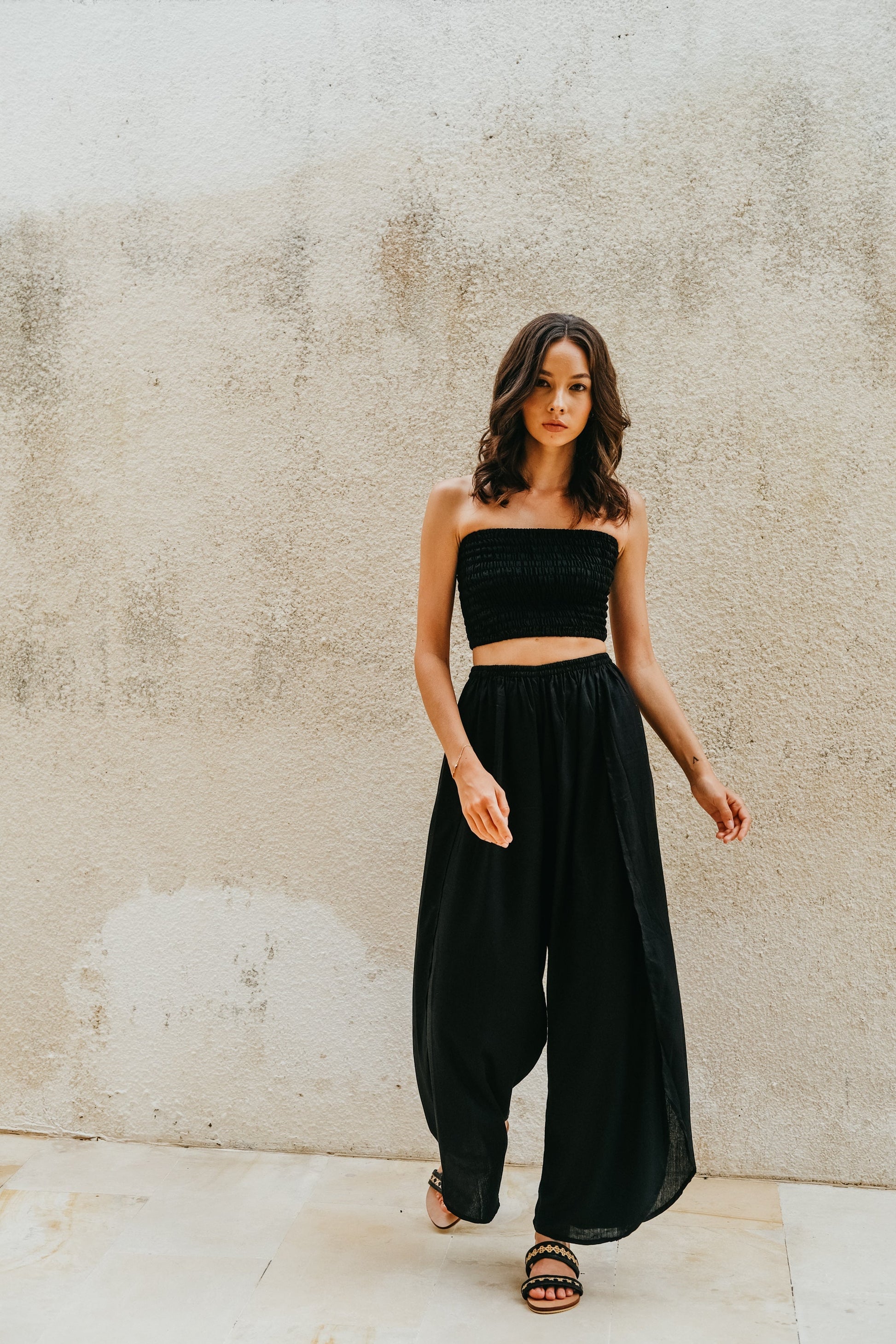 Black Side Split Pants and Tube Top Set