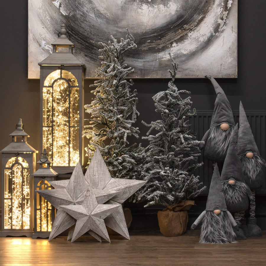 Set of three white-wash wooden lanterns with brass accents, rustic home decor for ambient lighting. by Sostter at brixbailey.com