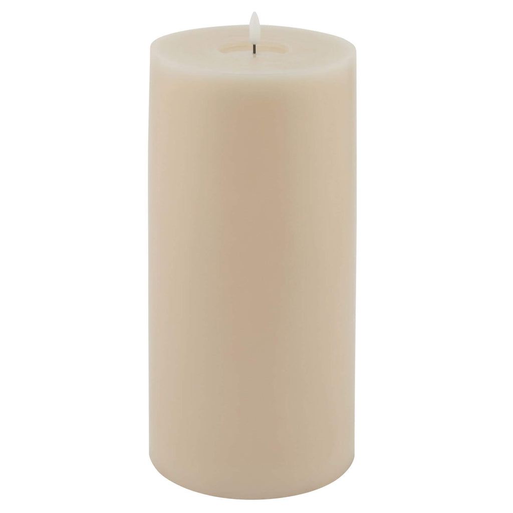 Realistic taupe LED candle with melt effect, 6x12 inches, flameless flicker-free illumination for home decor by Sostter at brixbailey.com