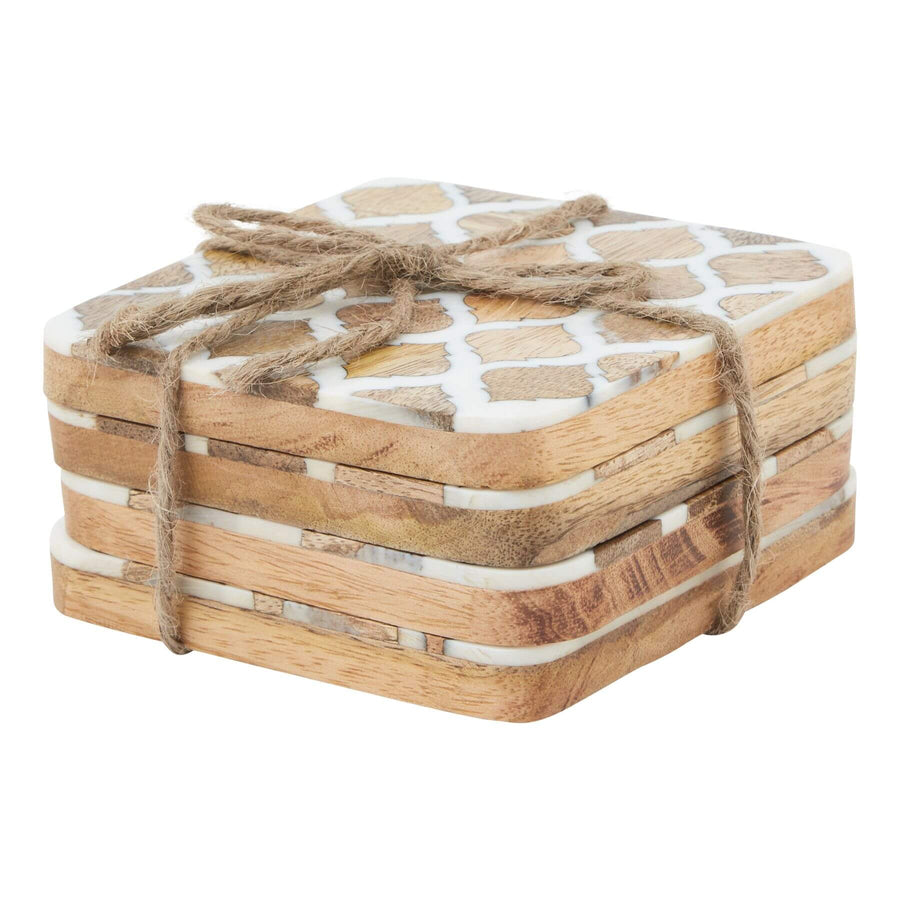 Set of 4 modern geometric coasters in warm woodgrain finish, protecting surfaces with stylish design  by Sostter at brixbailey.com