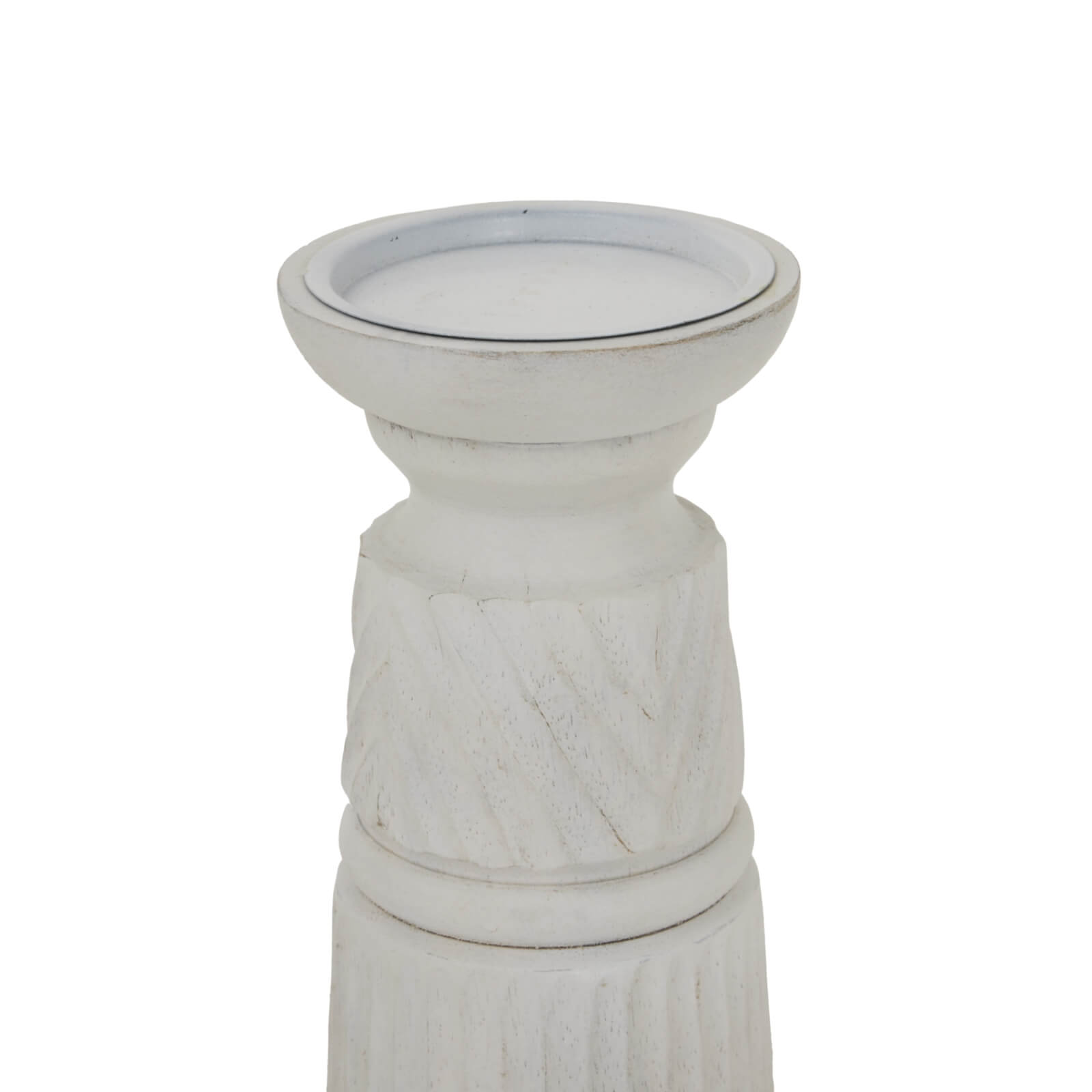 Hand-carved white wood candle holder with geometric patterns, 20cm tall, diffusing soft ambient light. by RoomLondon at brixbailey.com