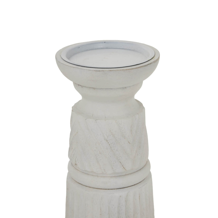 Hand-carved white wood candle holder with geometric patterns, 20cm tall, diffusing soft ambient light. by Sostter at brixbailey.com