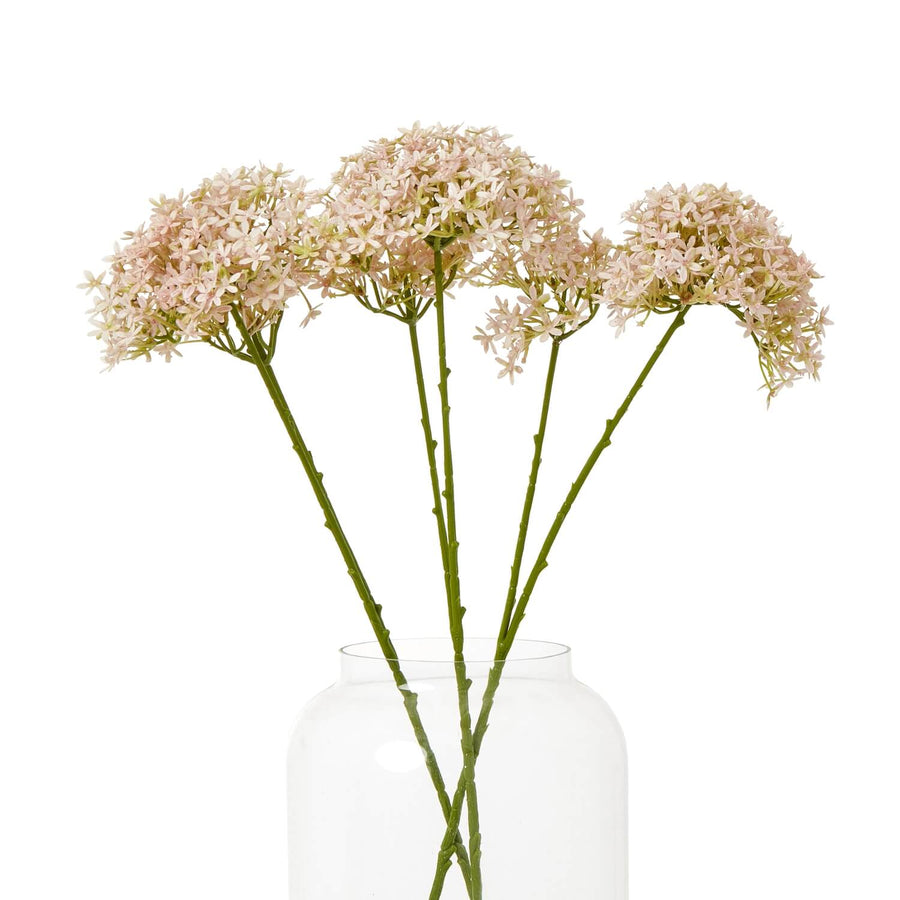 Lifelike pink faux hydrangea stem with realistic petals and foliage, perfect for vases or floral arrangements. by Sostter at brixbailey.com