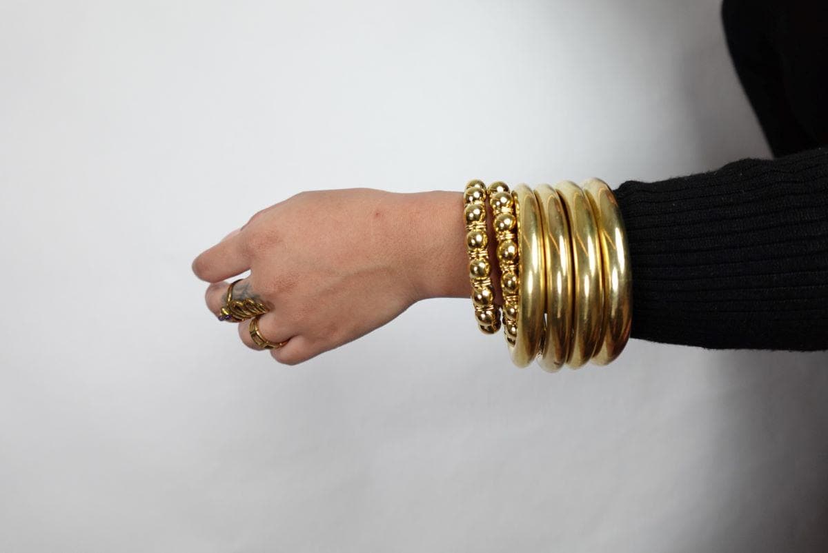 Beaded Orb Adjustable Brass/Sliver Cuff - Textured golden cuff with polished brass beads, crafted for a modern ethnic feel.