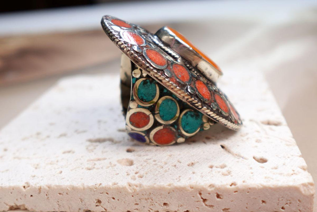 Large Ethnic Adjustable Tibetan Silver Rings, Turquoise, Coral Inlay Rings.