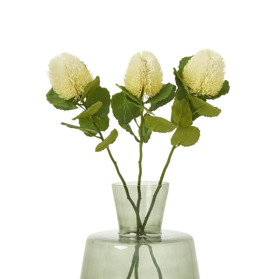 Cream Banksia artificial stem with green accents, hyper-realistic plastic foliage for year-round decor (123 characters) by Sostter at brixbailey.com