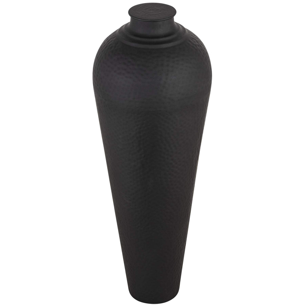 Hand-hammered matte black metal vase, 103cm tall with removable lid, modern decorative centerpiece by Sostter at brixbailey.com