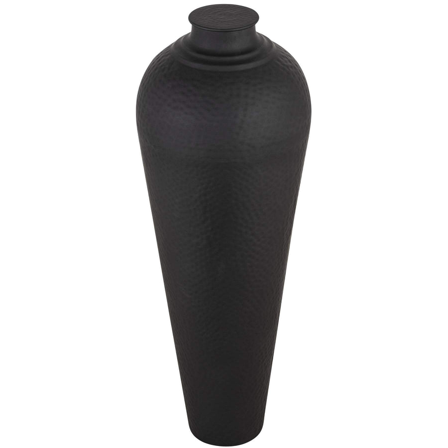 Hand-hammered matte black metal vase, 103cm tall with removable lid, modern decorative centerpiece by Sostter at brixbailey.com