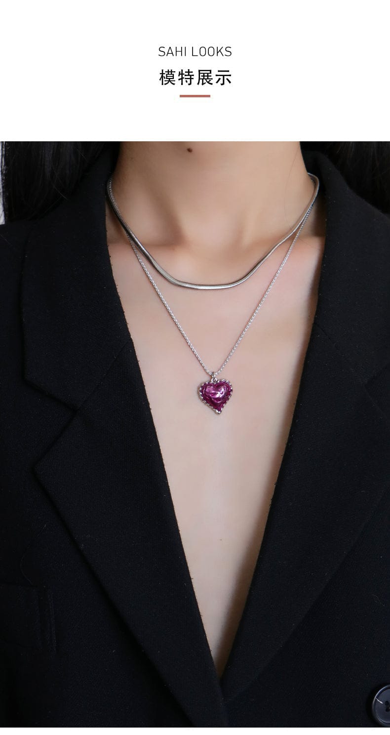 Love Heart Enamel Collar Pendant Necklace in Silver and Violet