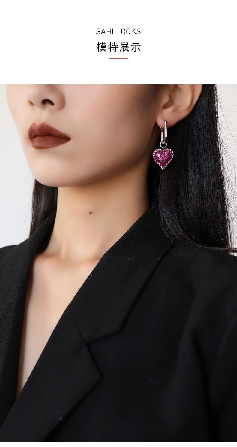 Love Heart Enameled Drop Dangling Earring in Silver and Violet