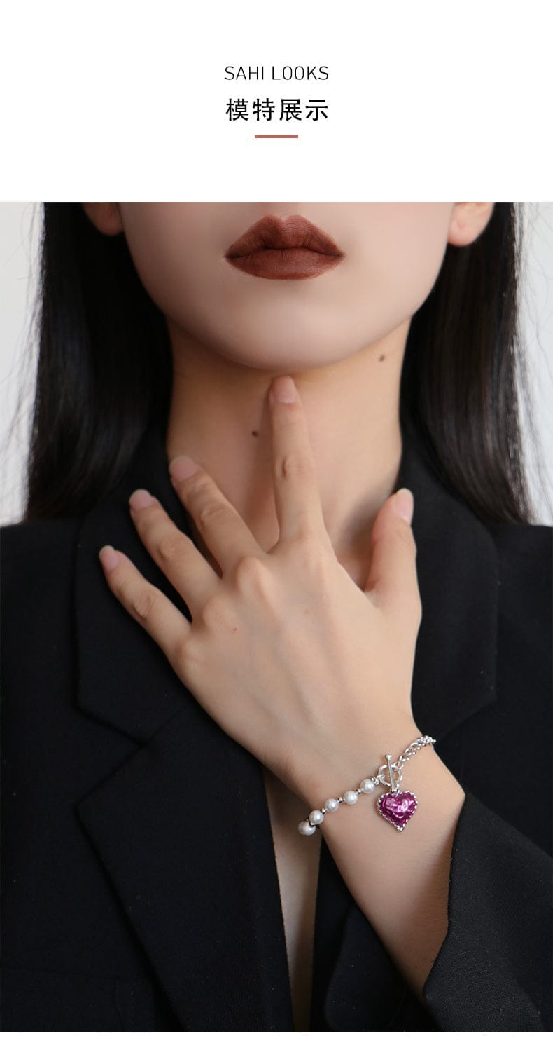 Heart Enameled Pearl Chain and Link Bracelet in Silver and Violet