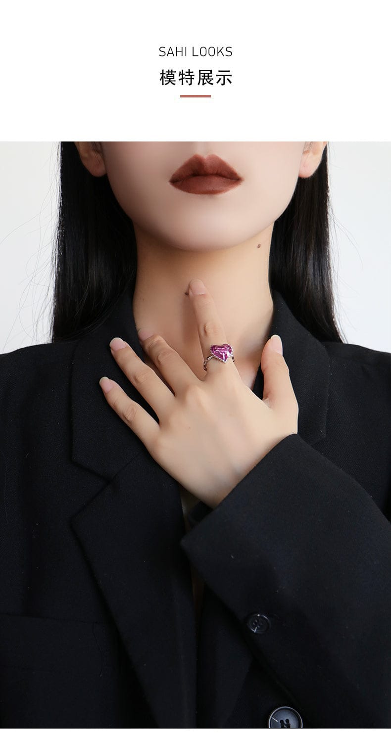 Love Heart Enamel Adjustable Ring in Silver and Violet