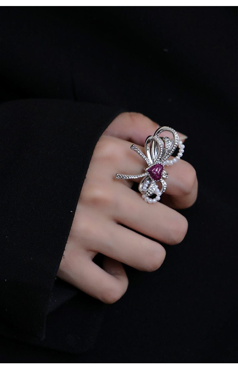 Love Heart Enamel Bow Adjustable Ring
