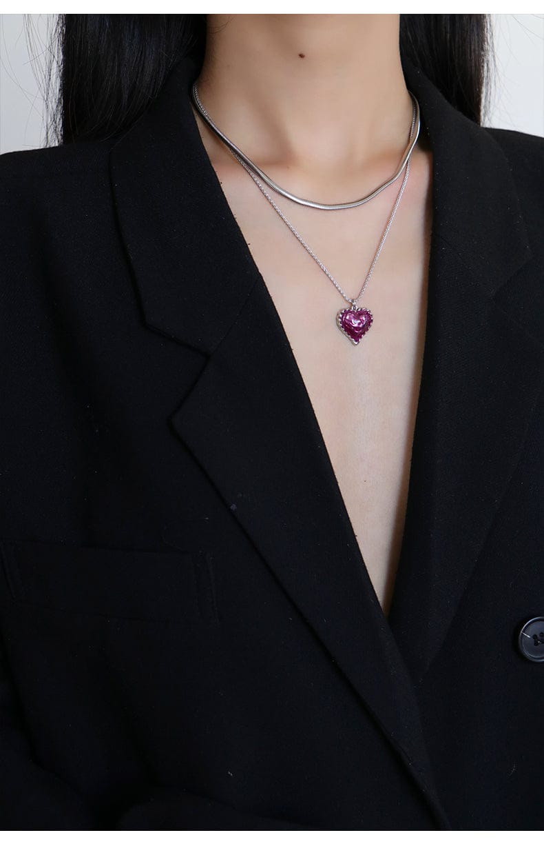 Love Heart Enamel Collar Pendant Necklace in Silver and Violet