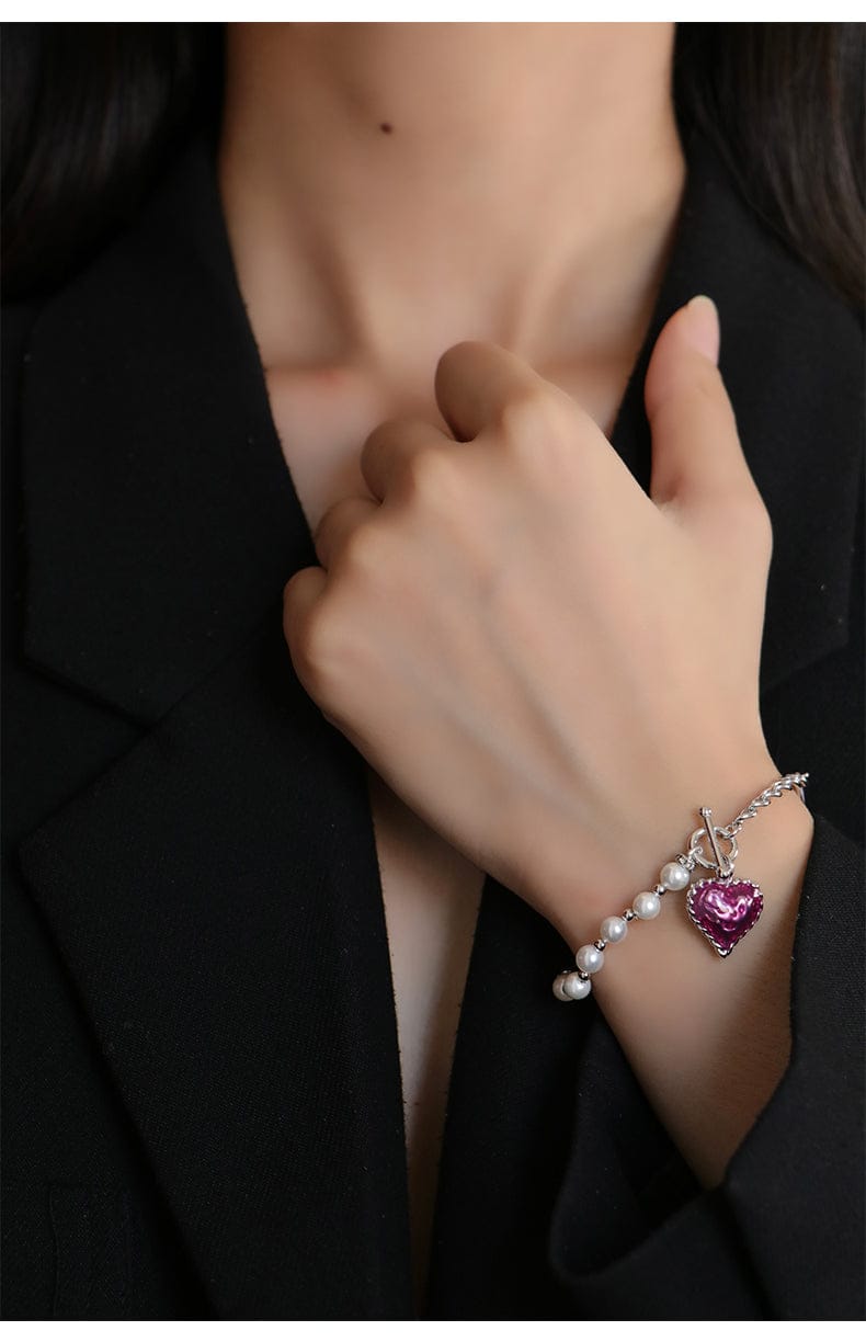 Heart Enameled Pearl Chain and Link Bracelet in Silver and Violet