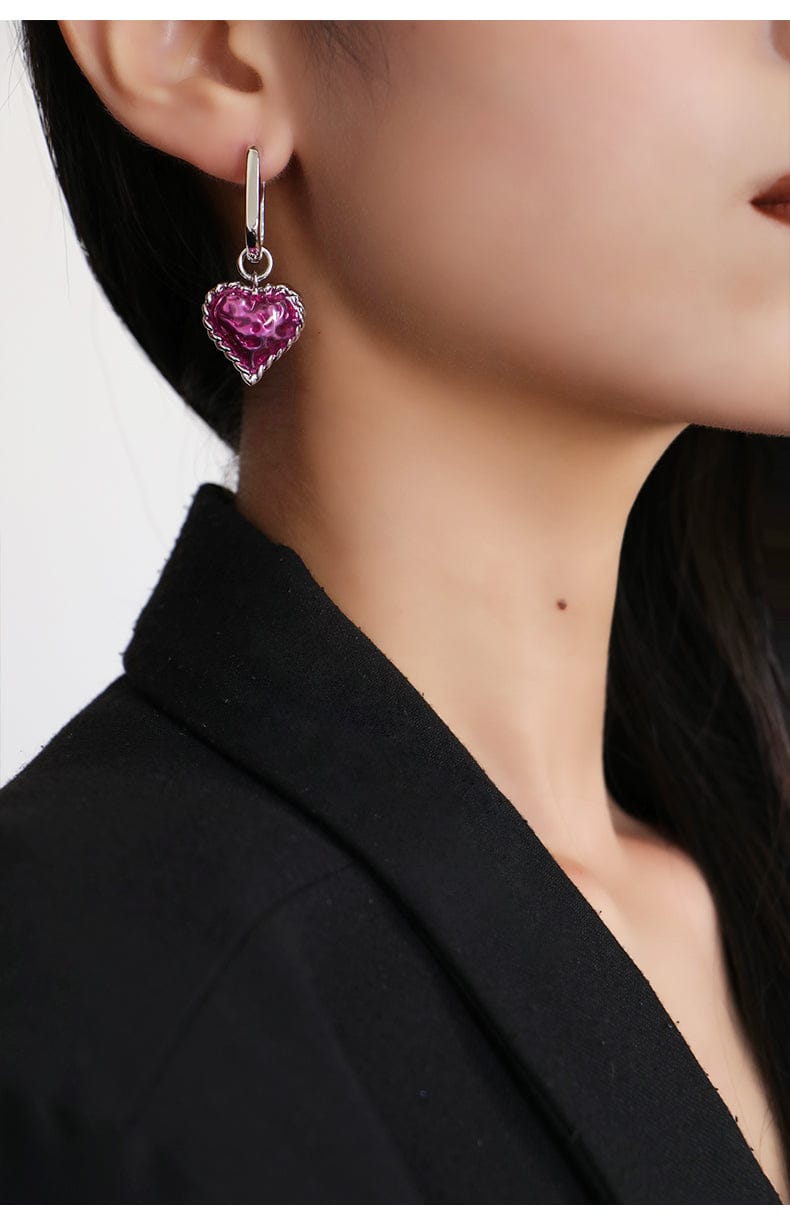 Love Heart Enameled Drop Dangling Earring in Silver and Violet