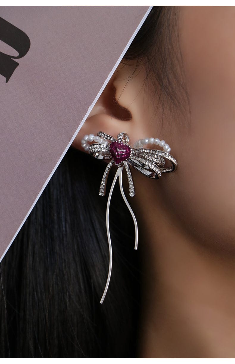 Love Heart Enamel Bow Stud Drop Earrings in Silver and Violet