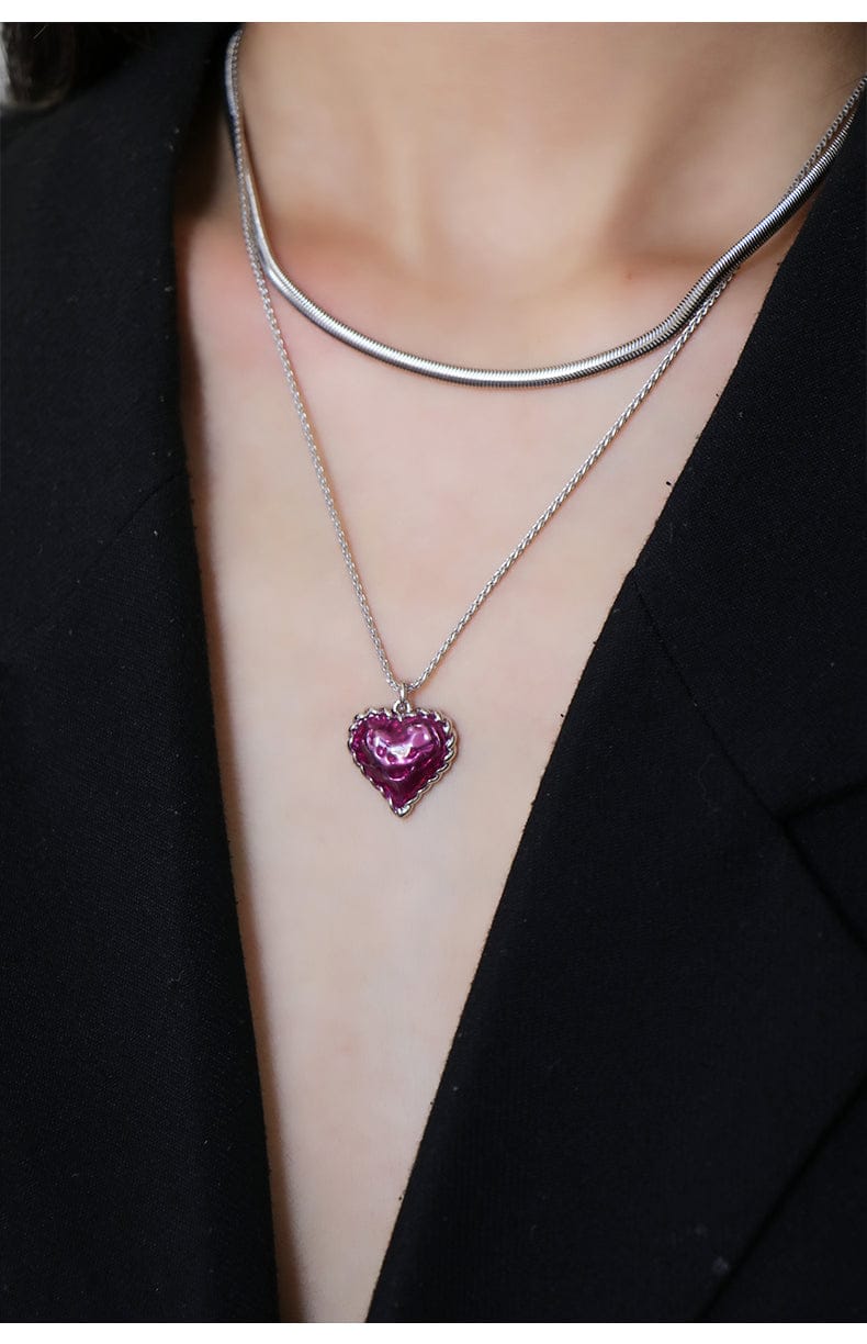 Love Heart Enamel Collar Pendant Necklace in Silver and Violet