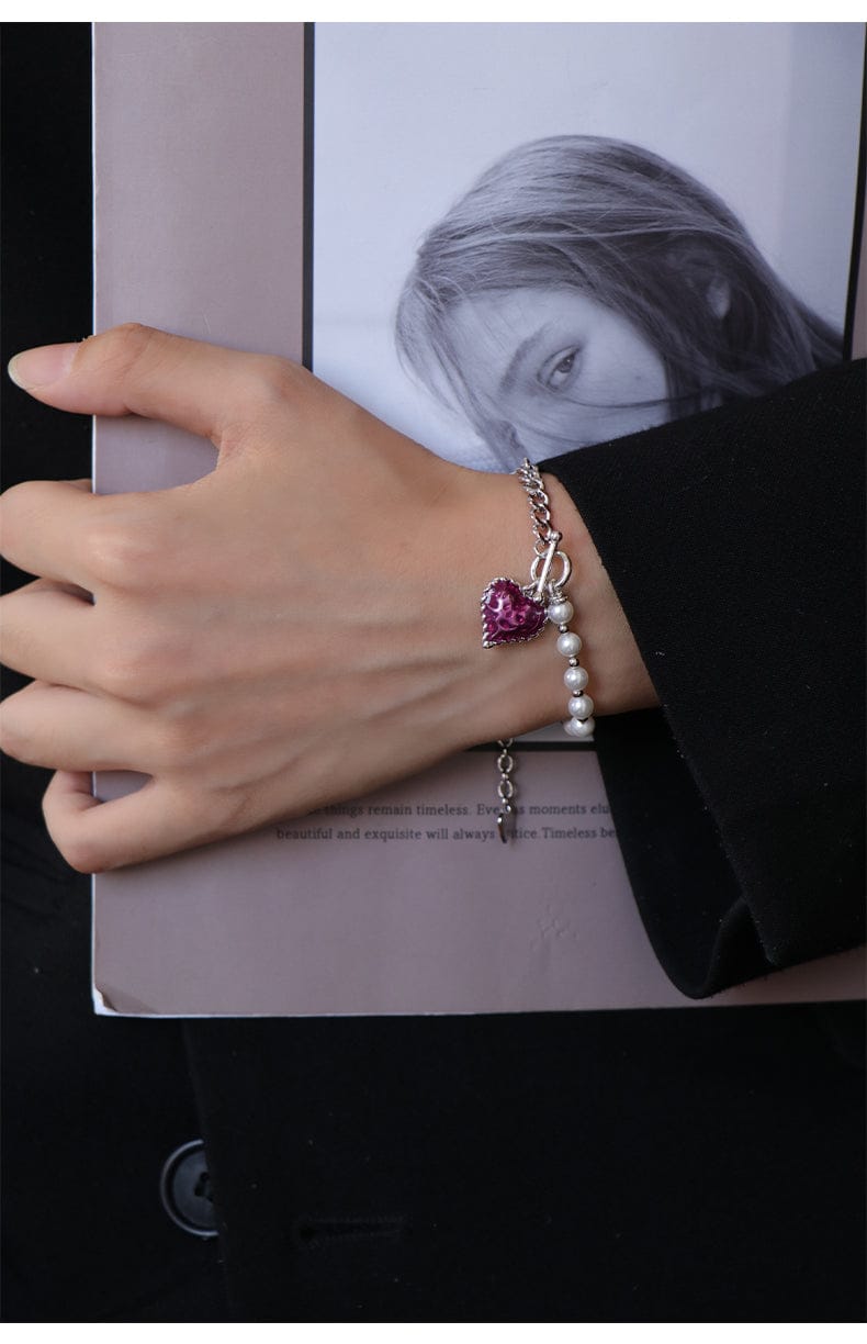 Heart Enameled Pearl Chain and Link Bracelet in Silver and Violet