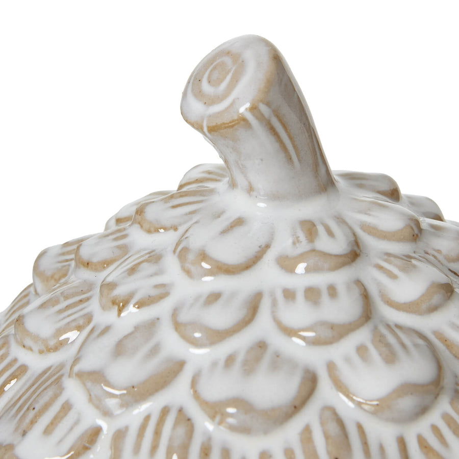 Handcrafted white ceramic pine cone trinket dish with removable lid for jewelry and keys, botanical home decor by Sostter at brixbailey.com