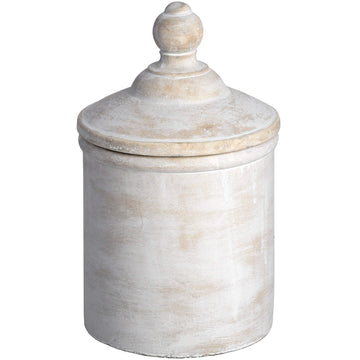 Antique white stone canister with European-inspired design, subtle patina, and elegant proportions for home decor or storage. by Sostter at brixbailey.com
