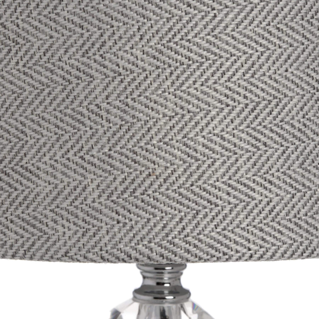 Handcrafted chrome and glass table lamp with grey herringbone shade for modern or traditional interiors by Sostter at brixbailey.com