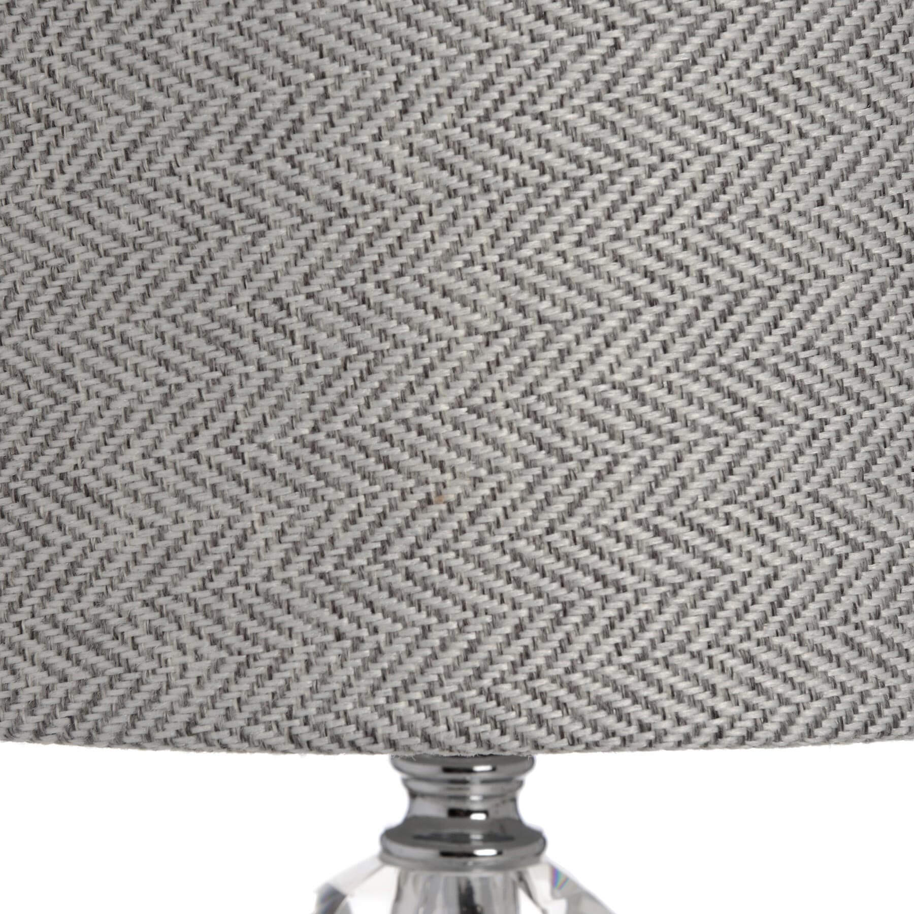 Handcrafted chrome and glass table lamp with grey herringbone shade for modern or traditional interiors by Sostter at brixbailey.com