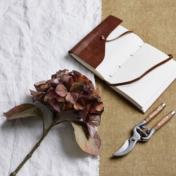 Realistic autumn hydrangea stems in rich brown and amber, 50cm tall with lifelike hand-painted petals for fall decor by Sostter at brixbailey.com