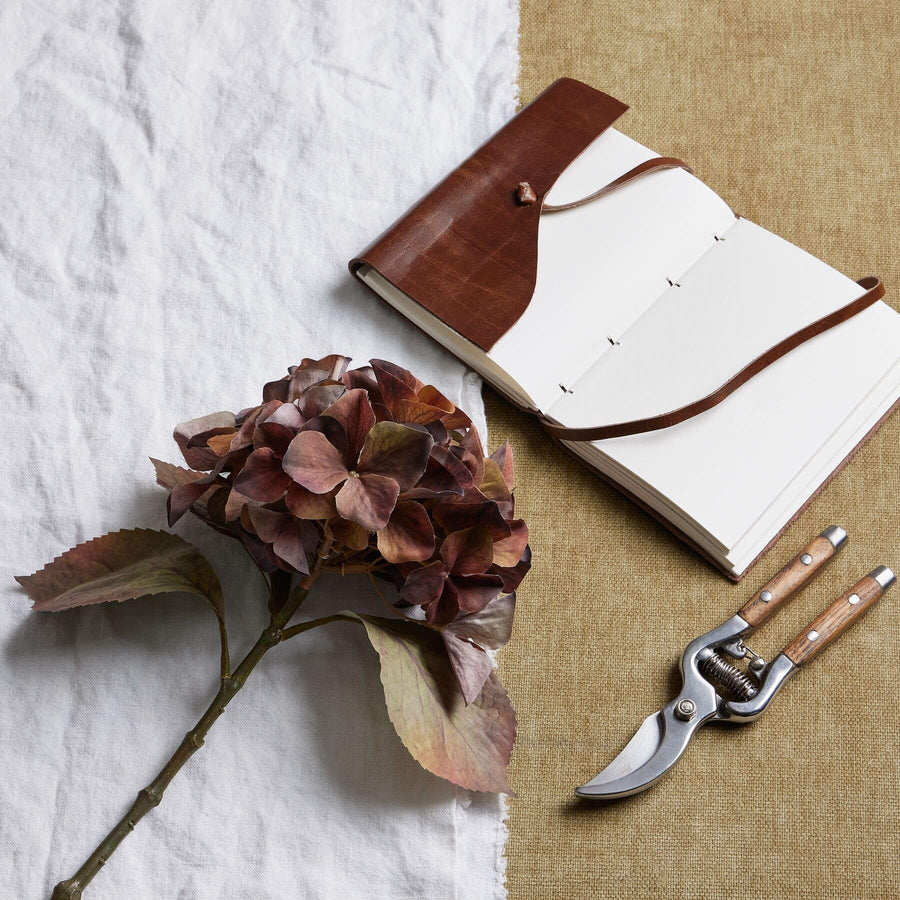 Realistic autumn hydrangea stems in rich brown and amber, 50cm tall with lifelike hand-painted petals for fall decor by Sostter at brixbailey.com