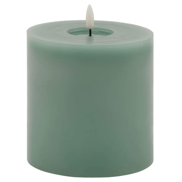 Sage green LED wax candle with realistic melting effect, flameless and energy-efficient for warm ambiance by Hill Interiors at brixbailey.com