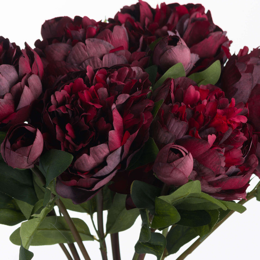 Burgundy faux peony stem with realistic petals and bud, perfect for everlasting floral arrangements. by Sostter at brixbailey.com