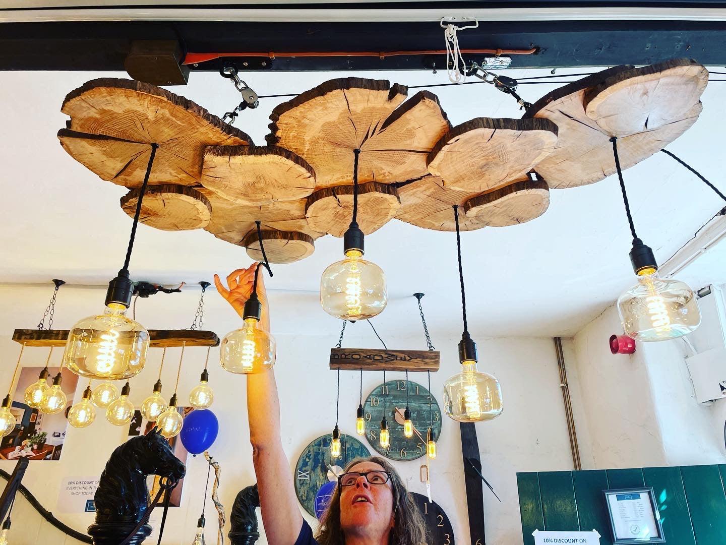 Oak log slice chandelier