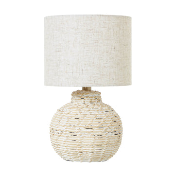 White Wash small bulbous wicker table lamp with linen shade, earthy brown tones, handcrafted design for cozy ambiance by Sostter at brixbailey.com
