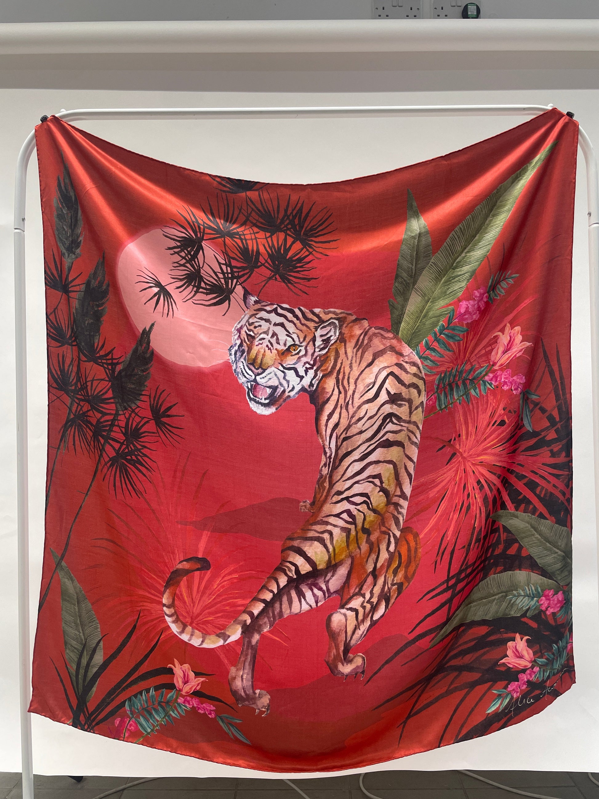 Red Tiger Print Silk Scarf Large