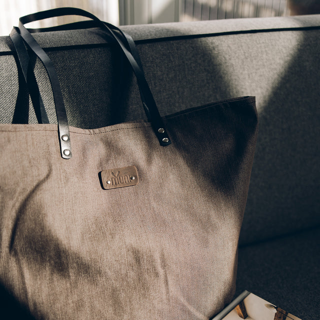 Stylish Brown Denim Tote Bag with Leather Handles – Handmade by Muni at www.brixbailey.com