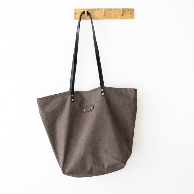 Stylish Brown Denim Tote Bag with Leather Handles – Handmade by Muni at www.brixbailey.com