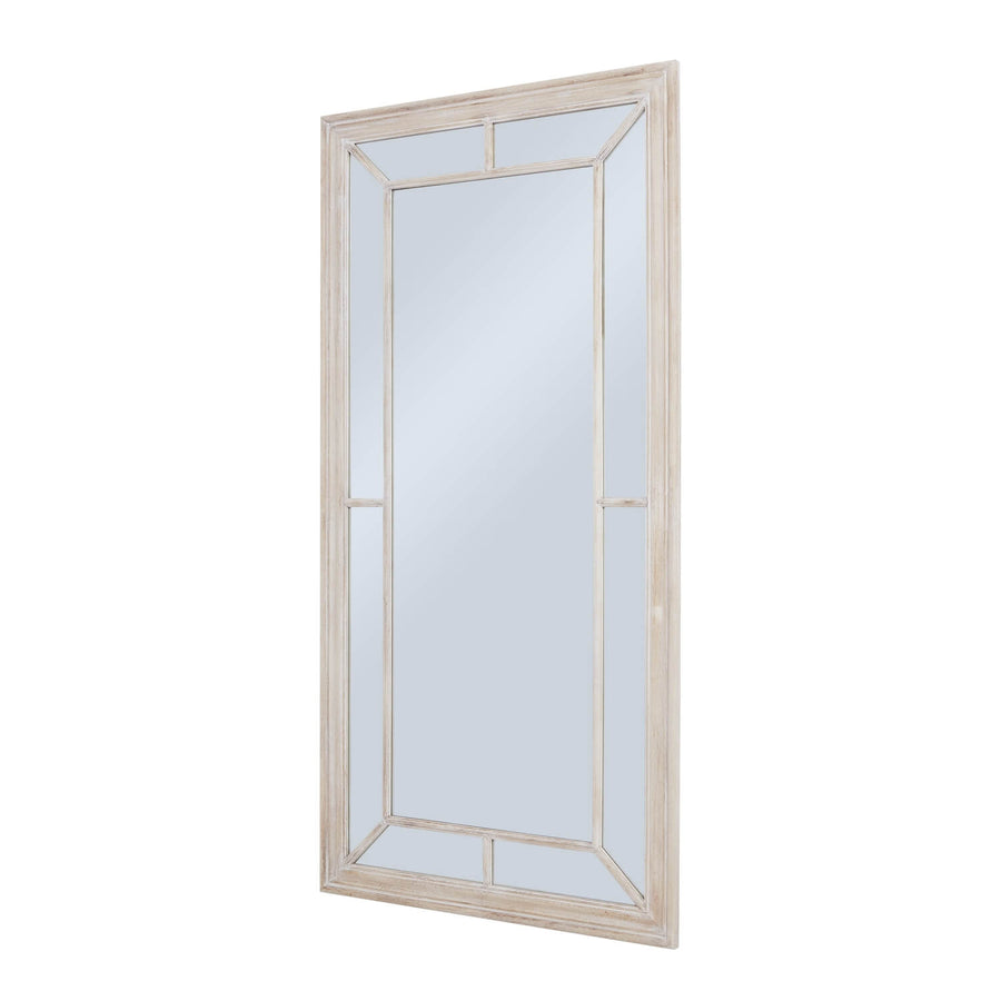 Distressed wood window mirror with multi-paned design, rustic brown frame, and weathered finish for vintage home decor by Sostter at brixbailey.com