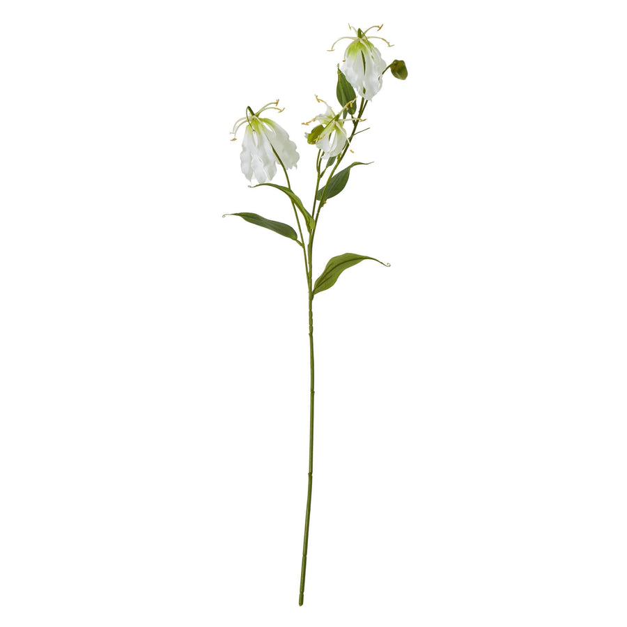 Lifelike white and green Gloriosa Lily faux floral spray with curling petals, 84cm tall, for tropical home decor by Sostter at brixbailey.com