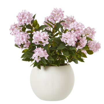Large pink faux hydrangea plant in pot, lifelike soft blooms, ready-to-display home decor centerpiece by Sostter at brixbailey.com