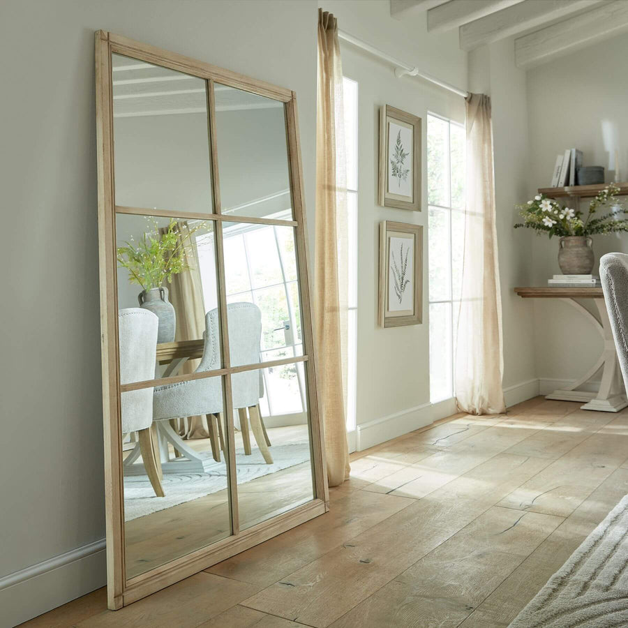 Handcrafted distressed wood mirror with grid design, rich brown frame, 170cm height - rustic vintage wall decor by Sostter at brixbailey.com
