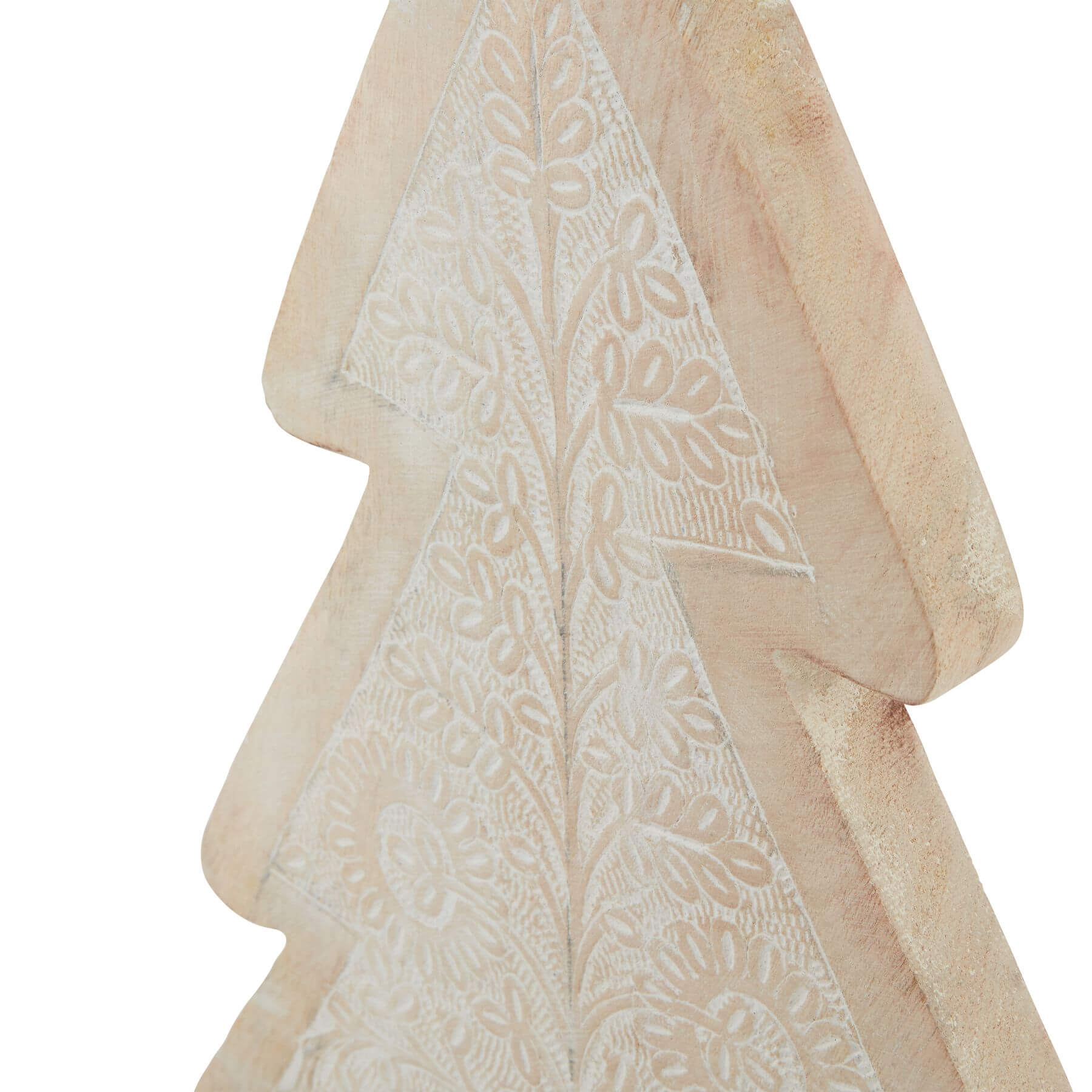 Handcrafted white-washed wooden decorative tree with intricate carvings, perfect for modern farmhouse or Scandinavian interiors. by Sostter at brixbailey.com