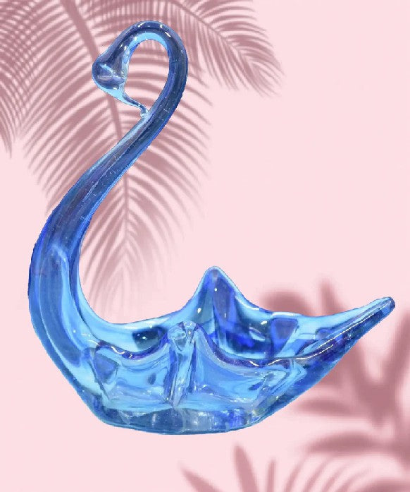 ART GLASS SWAN DISH BLUE & CLEAR GLASS