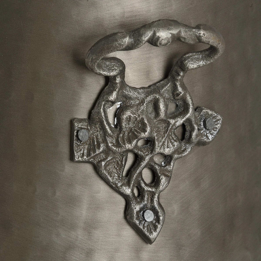 Handcrafted antique pewter coal bucket with gunmetal finish, intricate leaf motifs, and elegant curves for home decor. by Sostter at brixbailey.com